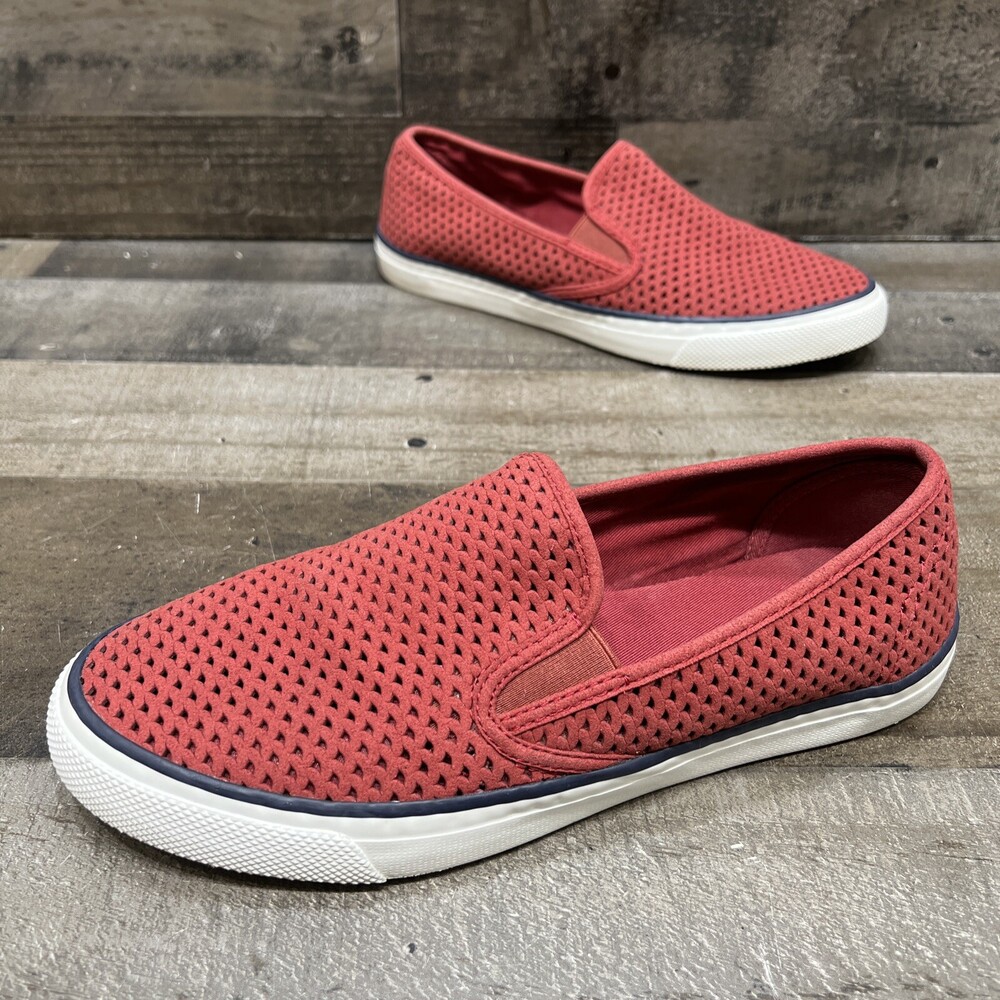 Sperry Top Sider Perforated Red Leather Slip On Comfort Shoes womens size 8.5